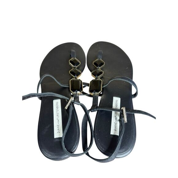 Diane von Furstenberg Black T-Strap Leather Sandals Gem Detail Size 9 - Picture 5 of 9